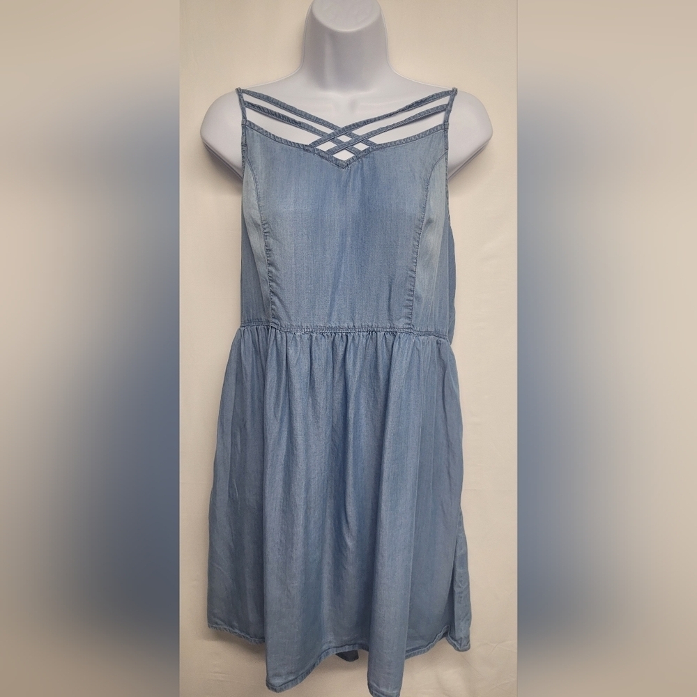 So XL Lightweight Denim Tunic Mini Dress Strappy Smocked Back Nice Condition!